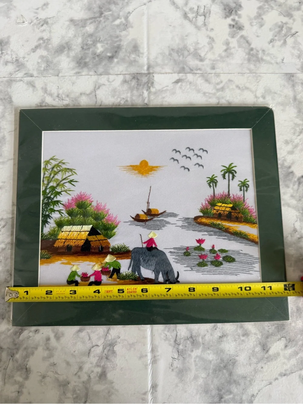 Vietnamese Hand-Embroidered Silk Landscape Village life Scene Wall Art 12x 10